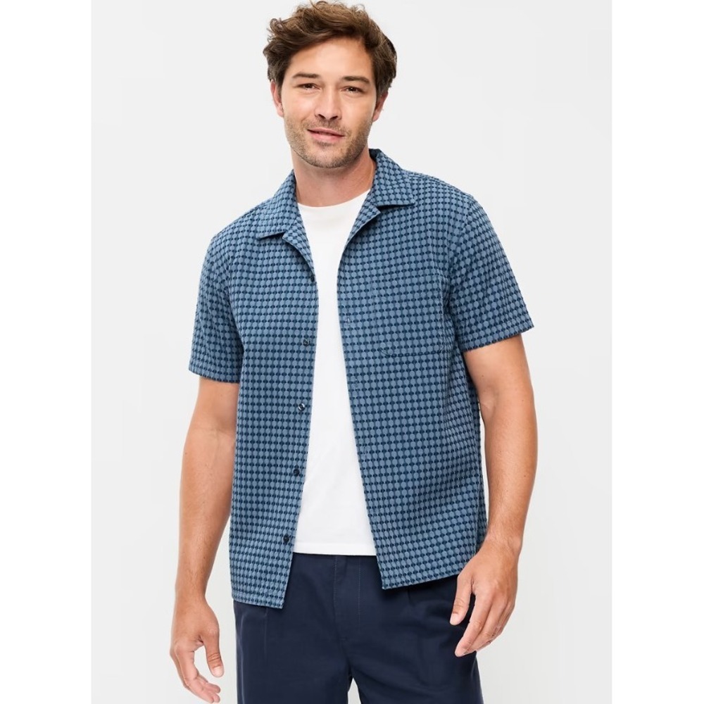 Old Navy Button Up Shirt Mens L Blue Geometric Dobby Camp Collar Preppy Boho